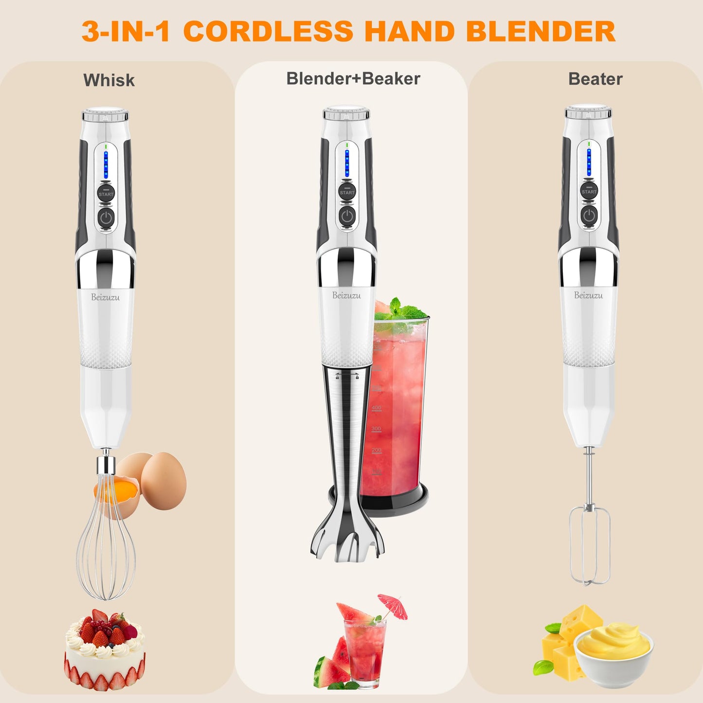 Cordless Immersion Blender Handheld: 4-in-1 Cordless Hand Blender with 500ml Chopper, 600ml Beaker, Egg Whisk, 8 Speeds Hand Stick with USB Rechargeable for Smoothies, Baby Food, Soup (Black)