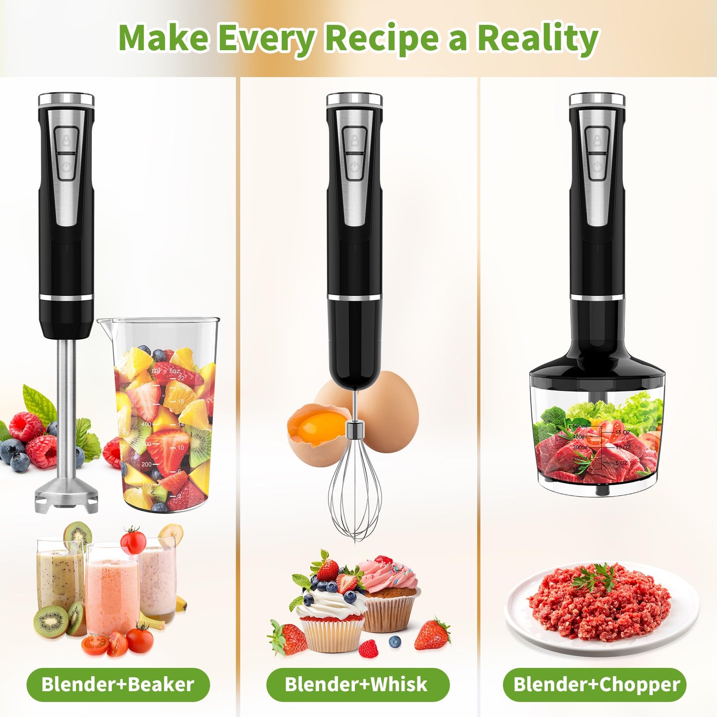 Cordless Immersion Blender Handheld: 4-in-1 Cordless Hand Blender with 500ml Chopper, 600ml Beaker, Egg Whisk, 8 Speeds Hand Stick with USB Rechargeable for Smoothies, Baby Food, Soup (Black)