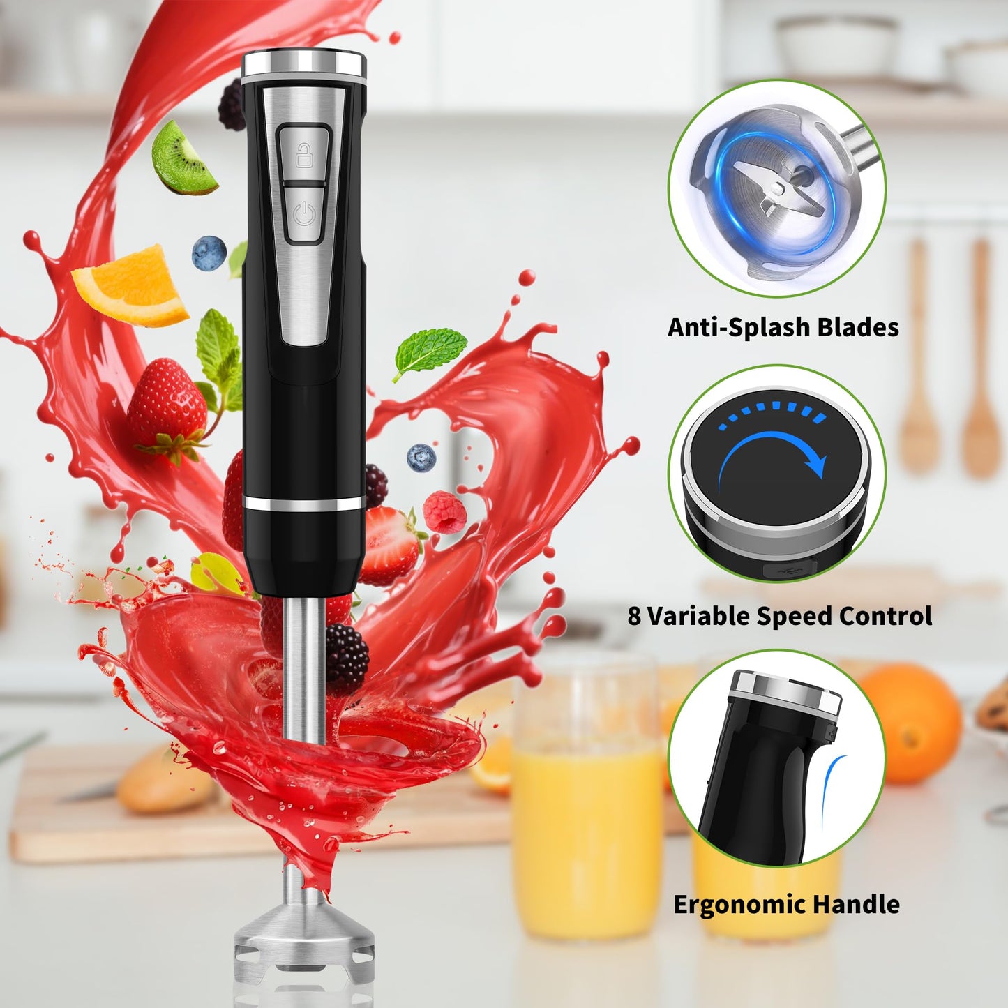 Cordless Immersion Blender Handheld: 4-in-1 Cordless Hand Blender with 500ml Chopper, 600ml Beaker, Egg Whisk, 8 Speeds Hand Stick with USB Rechargeable for Smoothies, Baby Food, Soup (Black)